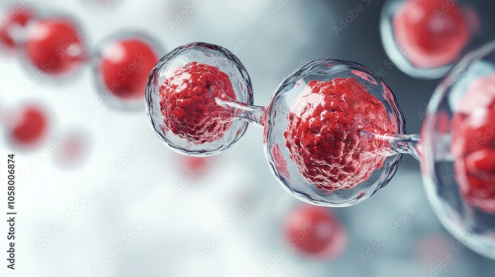 Poster abstract representation of molecular structures with red elements on a blurred background.