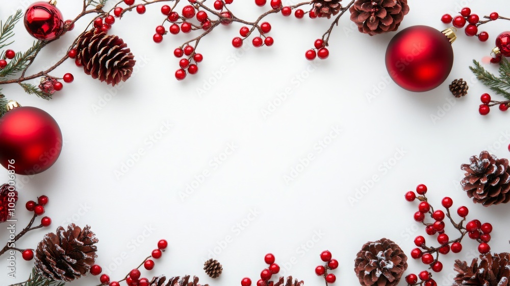 Poster a circular arrangement of vibrant red ornaments and natural pinecones sits atop a white surface, cre
