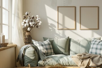 Modern Interior of Stylish Living Room ,Wall Mock Up, Frame , Poster with Beautiful Background, 3d render