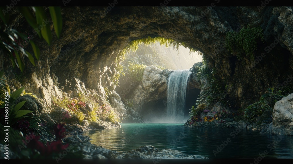 Poster a cascading waterfall flows through a lush tropical cave, creating a serene and magical atmosphere.