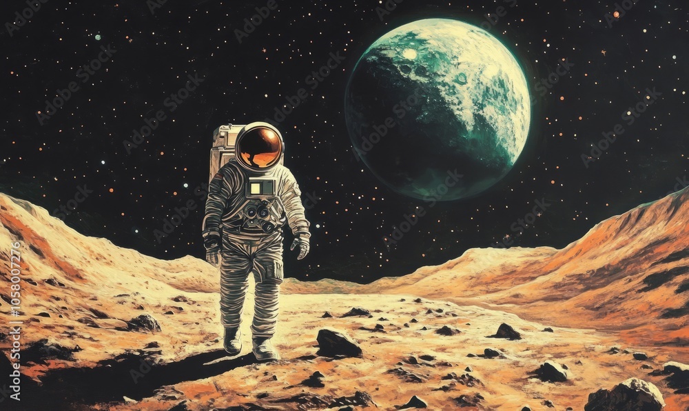 Poster astronaut walking on an unexplored planet
