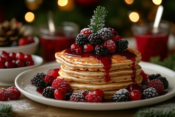A delightful festive brunch featuring buckwheat pancakes and vibrant berries