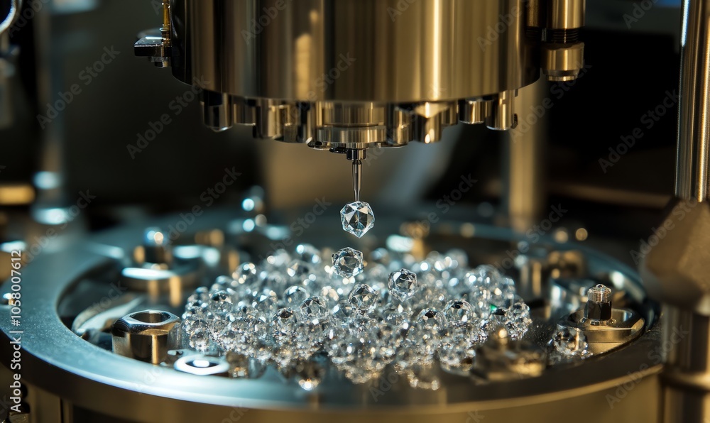 Poster an advanced machine operates in a lab, meticulously depositing carbon atoms to grow diamonds using c