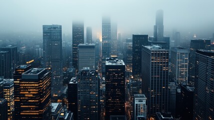 Obraz premium Cityscape with tall skyscrapers in a dense urban environment under a foggy sky, illuminated by artificial lights during dusk
