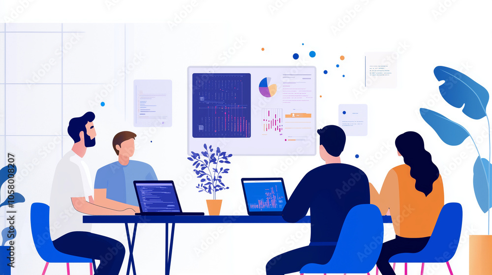 Poster team of developers brainstorming with ai feedback on display