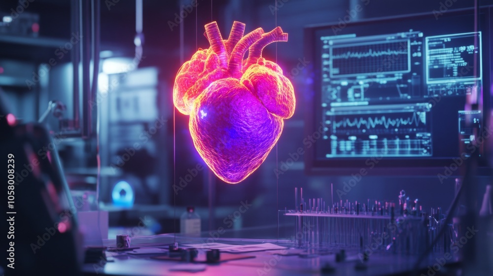 Aufkleber a colorful 3d representation of a human heart hangs in a modern lab.