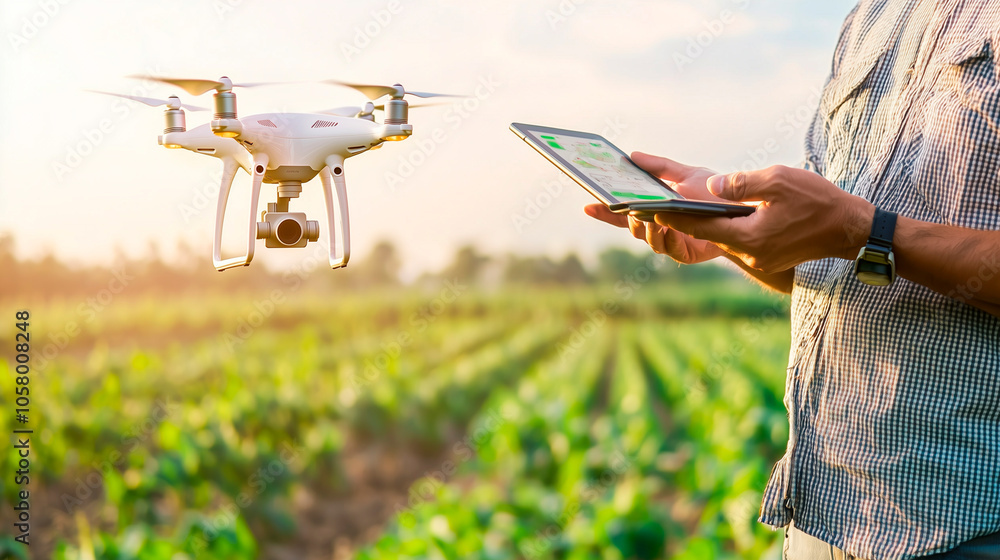Poster farmer using drone for crop monitoring in sprawling field