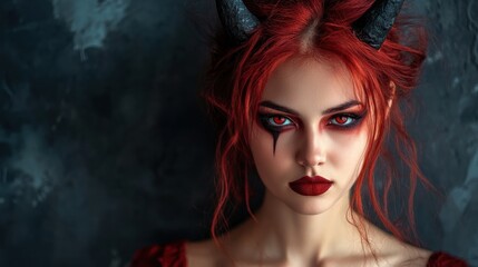 Naklejka premium A striking portrait of a young woman with red hair and devilish horns, showcasing dramatic makeup.