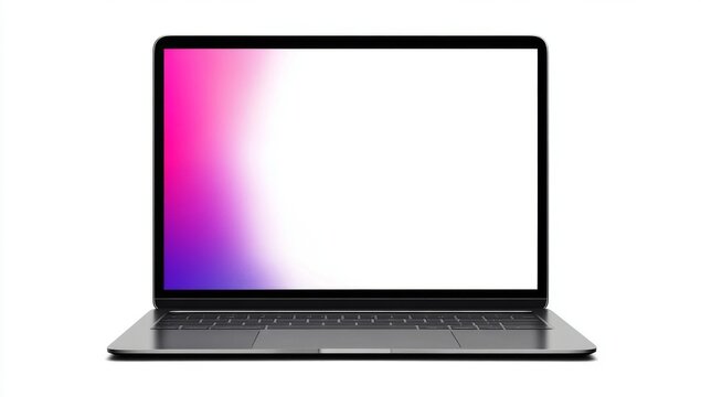 Blank screen laptop isolated on a white background, front view, perfect for design mockups, showcasing a clean and modern aesthetic for digital presentations or promotional materials.