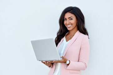 Young smiling businesswoman in a pastel pink suit holding a laptop, standing against a white background, representing digital marketing and online work, with space for text, showcasing a modern and pr