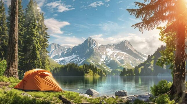 Cozy tent on lake bank with mountain view on a sunny day, outdoor adventure scene
 Seamless looping 4k time-lapse virtual video animation Generated AI