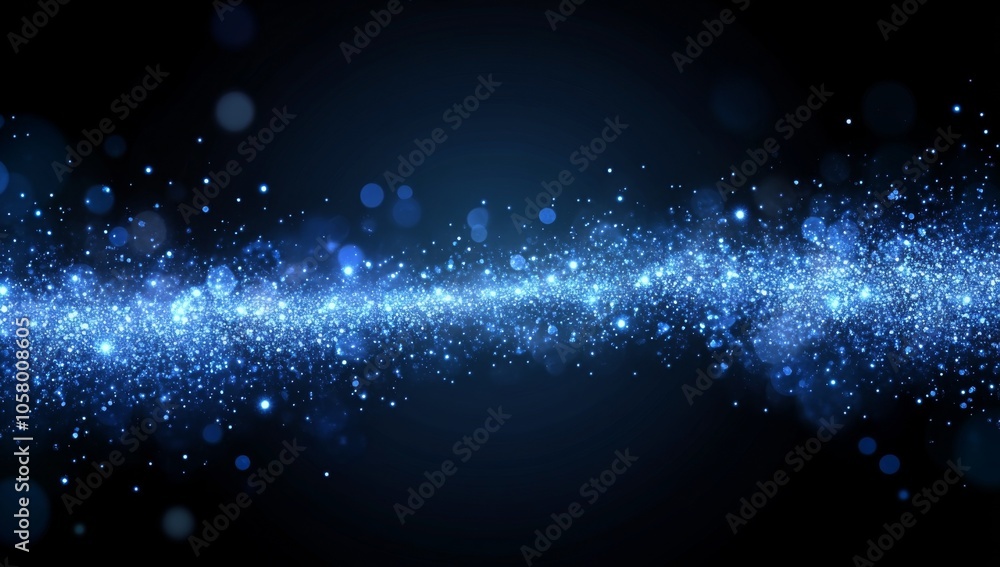 Poster abstract blue glowing particles background featuring a bokeh effect, with shiny glitter dust creatin