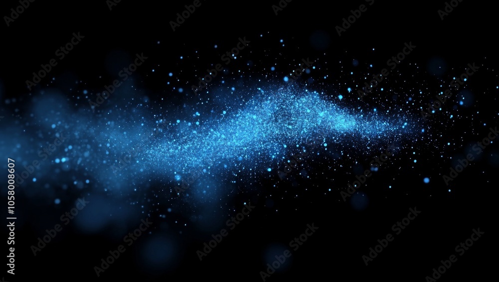 Poster abstract blue glowing particles background featuring a bokeh effect, with shiny glitter dust creatin