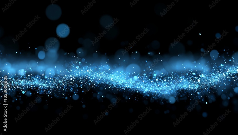 Poster abstract blue glowing particles background featuring a bokeh effect, with shiny glitter dust creatin