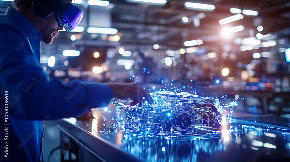 Poster automotive technician using virtual reality in high tech workshop