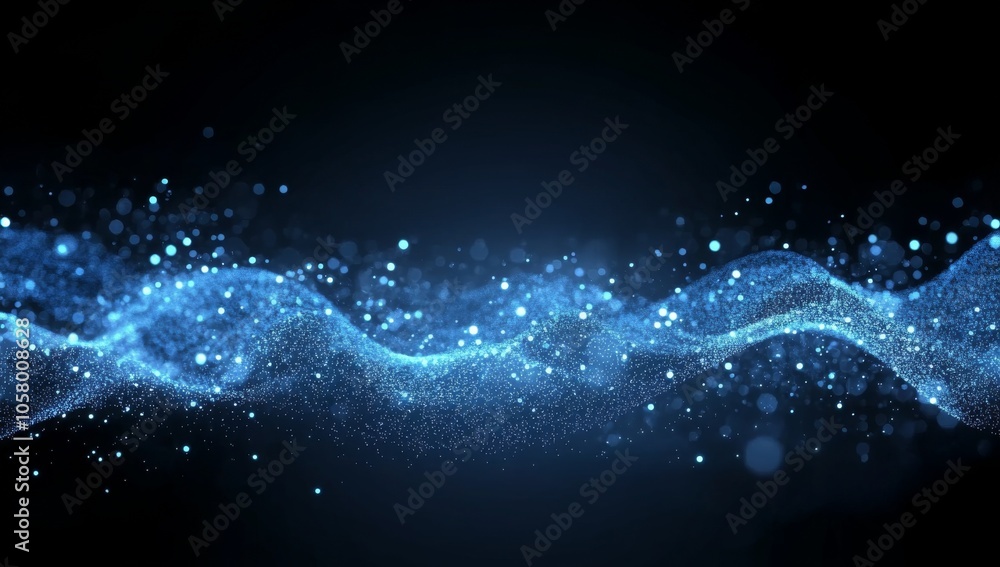 Poster abstract blue glowing particles background featuring a bokeh effect, with shiny glitter dust creatin