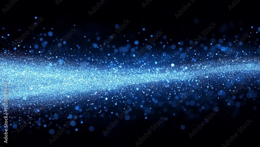 Poster abstract blue glowing particles background featuring a bokeh effect, with shiny glitter dust creatin