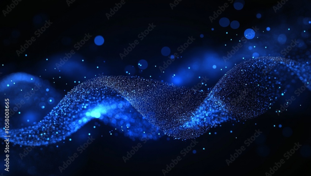 Poster abstract blue glowing particles background featuring a bokeh effect, with shiny glitter dust creatin