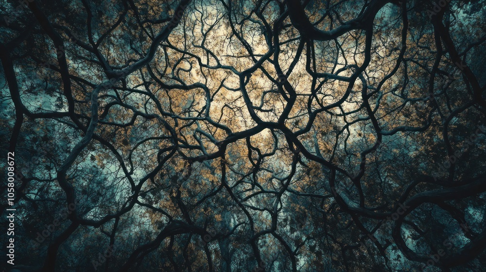 Poster a dense canopy of gnarled branches, reaching towards a hazy sky, creating a haunting and intricate p