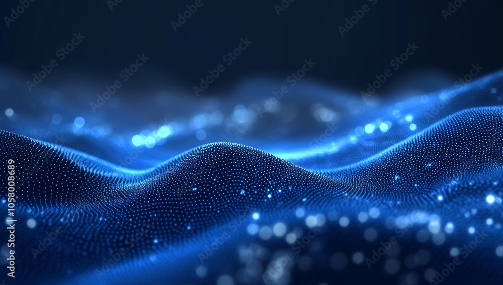 Poster abstract blue glowing particles background featuring a bokeh effect, with shiny glitter dust creatin