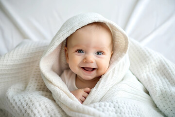 Baby, child, kid. Portrait of a little baby ,boy or girl covered by a blanket. Adorable, baby boy or girl with a charming, sweet smile ,in a bed. Realistic minimalistic ,style photo
