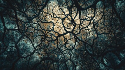 A dense canopy of gnarled branches, reaching towards a hazy sky, creating a haunting and intricate pattern.
