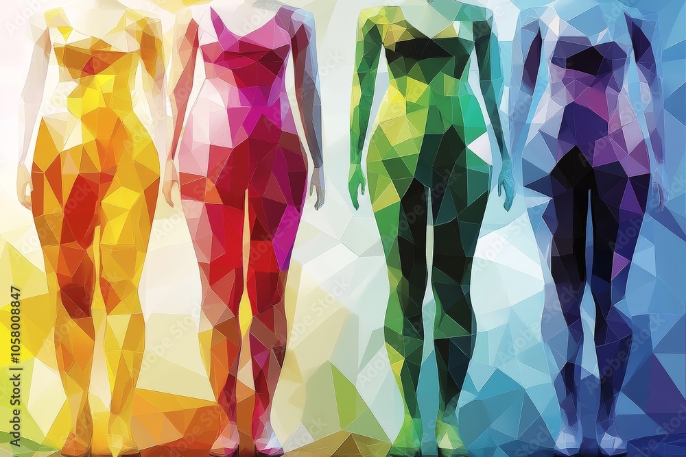 Poster abstract human figures in a colorful polygonal style conveying themes of diversity unity and contemp