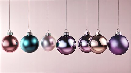 Elegant Christmas ornaments hanging in a row on a soft pastel pink background with copy space
