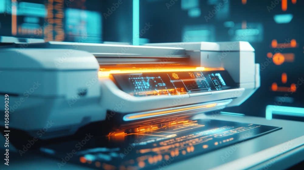 Poster a futuristic printer with illuminated interface, showcasing advanced technology and design.