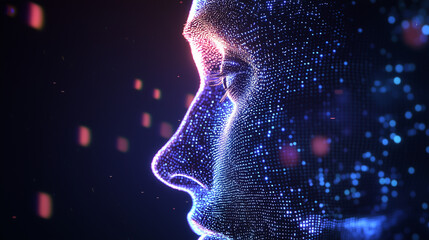 Obraz premium Holographic Human Face in Transformation Abstract Digital Art