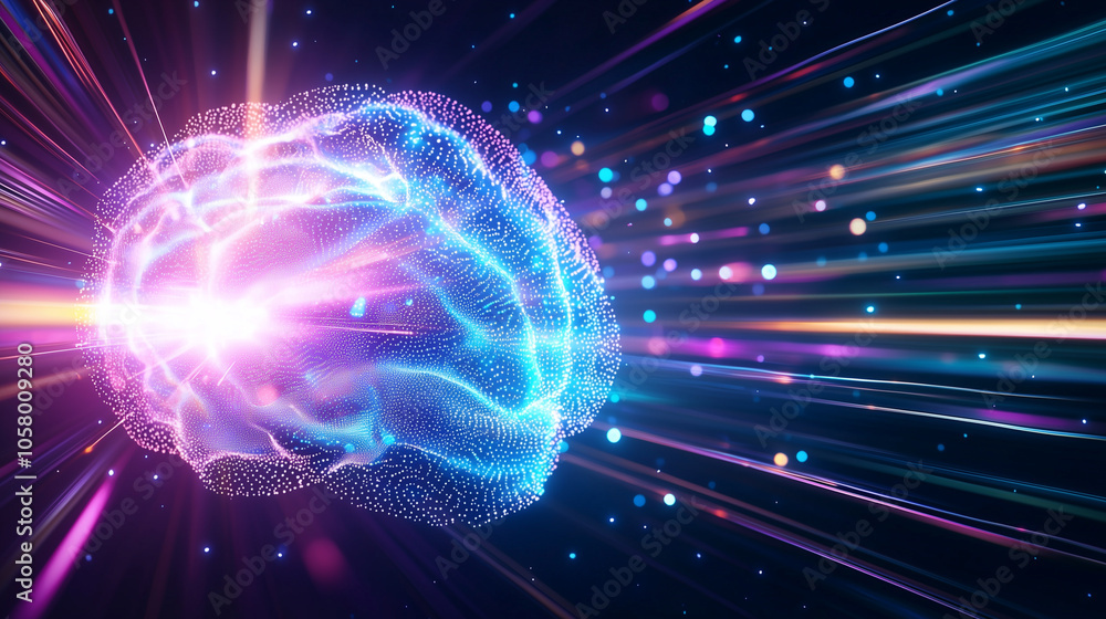 Poster digital brain in abstract light beams and data connections