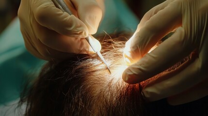 A skilled surgeon performs a delicate procedure on a patient's scalp using fine instruments and a focused light