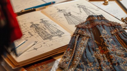 A closeup of a costume designers sketchbook filled with detailed drawings and notes for upcoming productions.