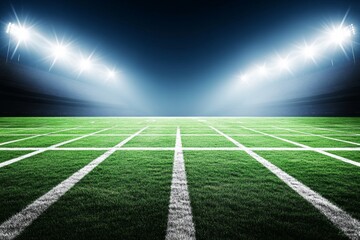 Brightly lit football field under stadium lights at night, green grass with yardage lines, empty and quiet, with spotlights creating an atmosphere of anticipation for game day.