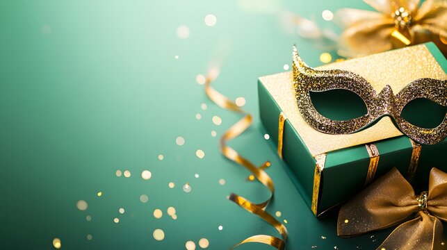 The image displays an elegant masquerade mask resting on a beautifully wrapped gift box with a glittering gold ornament and golden ribbons scattered around.