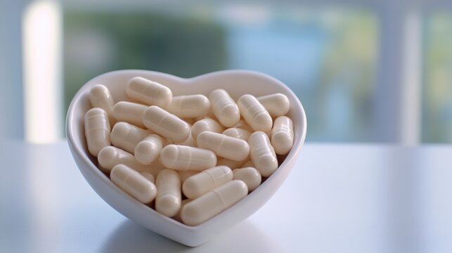 Heart-shaped bowl filled with white capsules on a bright surface, AI - Powered by Adobe