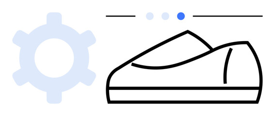Gear icon beside an outlined shoe with progress indicators. Ideal for sports equipment, technology integration, fashion marketing, web design, apps, fitness, product development. Line metaphor