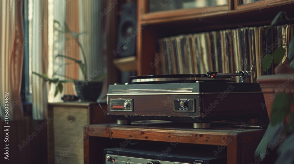 Poster a vintage record player sits on a shelf ready to play any requested audio file.