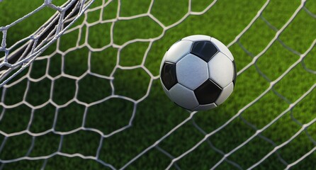 Soccer ball flying into the goal, captured in a close-up, top-down perspective on green grass using Sony Alpha A9 II and Sony FE 20-60mm f/4-5.6 G OSS lens for a hyper-realistic, ultra-detailed view.