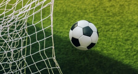 Soccer ball flying into the goal, captured in a close-up, top-down perspective on green grass using Sony Alpha A9 II and Sony FE 20-60mm f/4-5.6 G OSS lens for a hyper-realistic, ultra-detailed view.