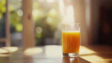 A glass of fresh orange juice on a wooden table with sunlight in the background.