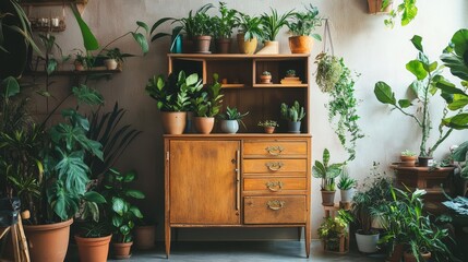 Vintage Wooden Cabinet with Indoor Plants