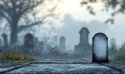An empty scene featuring a blurred background with soft-focus eerie gravestones and a blank tombstone prop, creating an ideal product mockup space