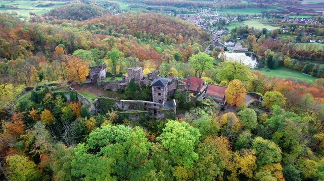 Aerial view ruins of old castle. Ruin of Hohnstein Castle, Harz mountains, Germany.