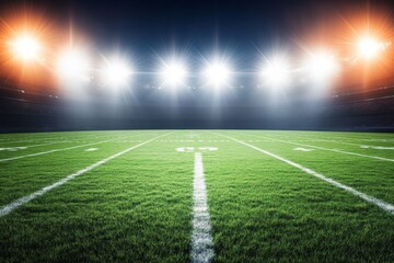 Obraz premium Illuminated football field under bright stadium lights with a night sky backdrop, green grass marked by white yard lines, capturing an atmospheric scene of anticipation for game day.