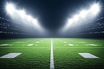 Obraz premium Illuminated football field under bright stadium lights with a night sky backdrop, green grass marked by white yard lines, capturing an atmospheric scene of anticipation for game day.
