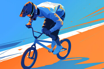 Naklejka premium BMX Rider in Intense Action on Orange and Blue Background. A dynamic illustration of a young man riding a BMX bike, leaning forward in full concentration, with a helmet and vibrant colors. 