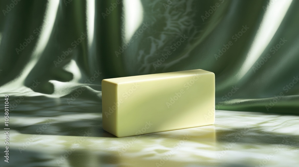 Poster a smooth, rectangular bar of soap on a softly draped green fabric background.
