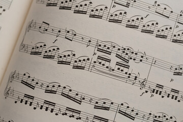 A close-up view of sheet music from a classical composition showcasing intricate melodies and harmonies
