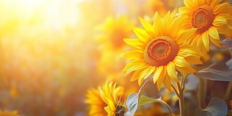 Fototapeta premium Bright sunflowers basking in warm sunlight create a vibrant atmosphere. This photo captures the beauty of nature. Perfect for floral decor or botanical projects. AI